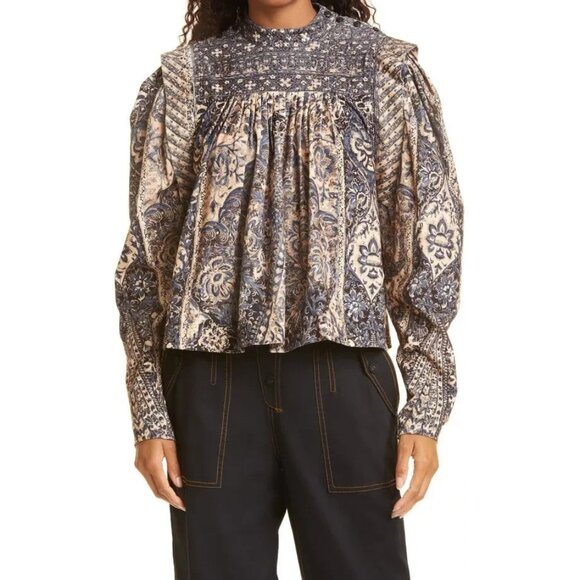 NWT Ulla Johnson Parker Pleated Printed Cotton-Corduroy Blouse in Twilight 2 - Picture 3 of 11